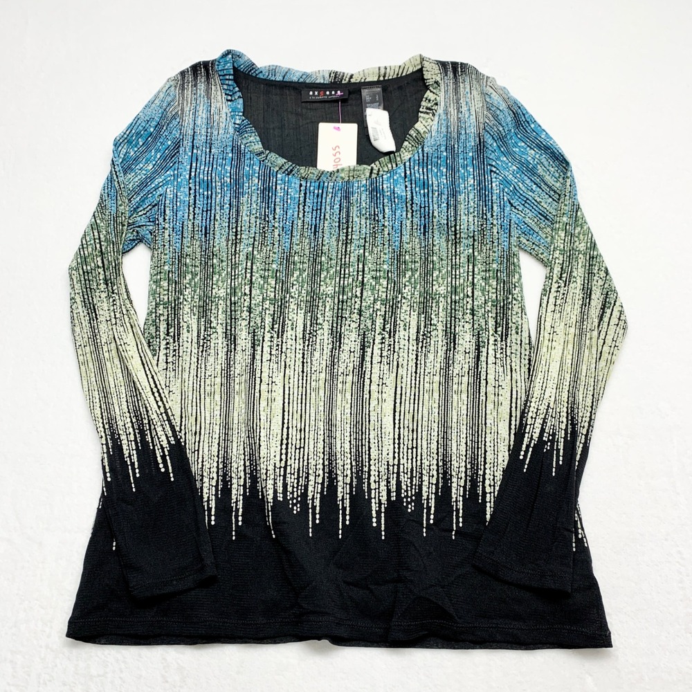 Axcess Liz Claiborne Abstract Ombre Mesh Top Womens Size L Blue Green Black‎ Y2K